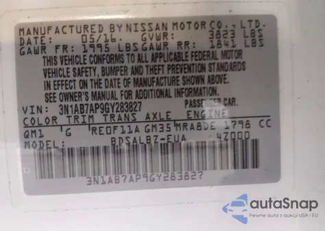 2016 Nissan Sentra Fe+ S/S/Sl/Sr/Sv z USA, uszkodzony, nr VIN 3N1AB7AP9GY283827